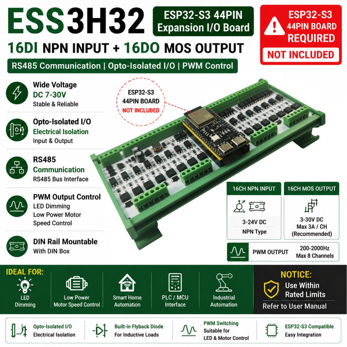 ESP32-S3 16CH NPN 16CH MOS RS485 PWM PLC I/O Board ESS3H32