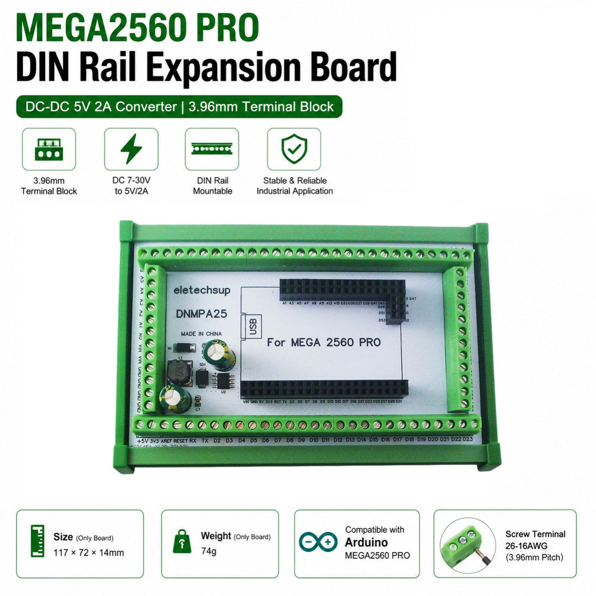 DIN Rail Terminal Block Adapter Arduino MEGA2560 7-30V 5V DNMPA25