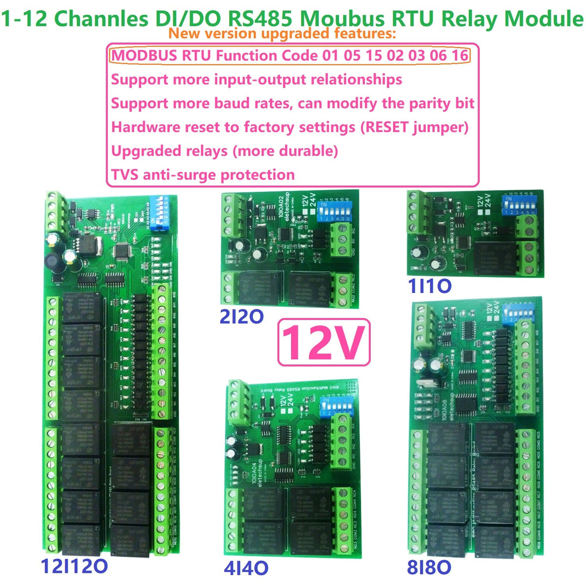 12V DC 1/2/4/8/12 Channel DI-DO Modbus RTU RS485 Relay Module 10IOA01 10IOA02 10IOA04 10IOA08 10IOA12
