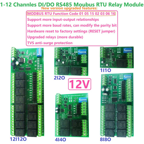 12V DC 1/2/4/8/12 Channel DI-DO Modbus RTU RS485 Relay Module 10IOA01 10IOA02 10IOA04 10IOA08 10IOA12