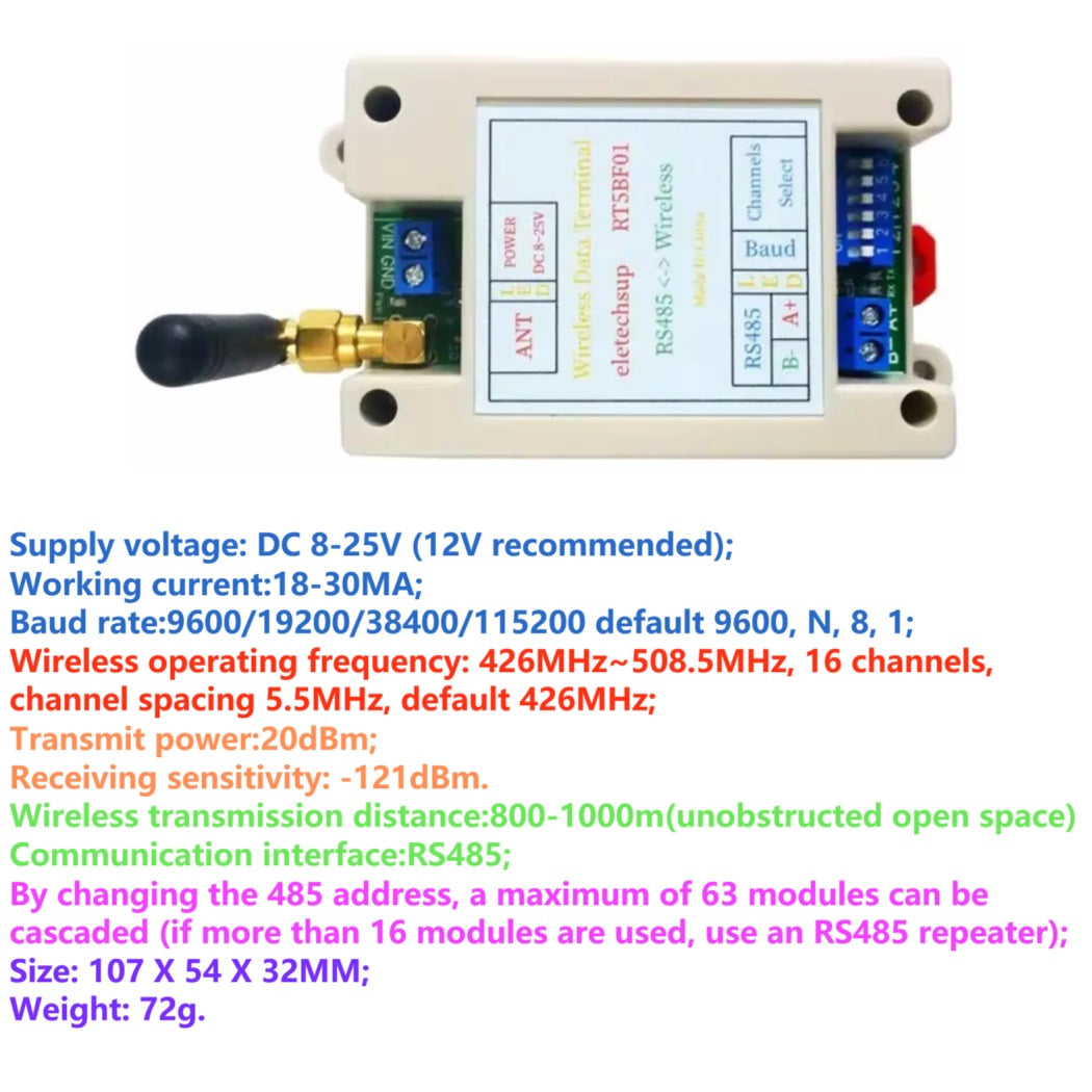 433MHz Wireless RS485 Relay Board RF Transceiver DC 12-24V RT5BF01 N4RFA04