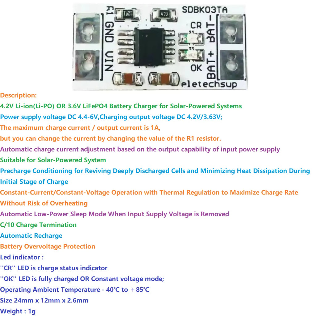 MPPT Solar Charger 4.2V/3.7V/3.6V/3.2V LiFePO4 5V 1A SDBK03TA
