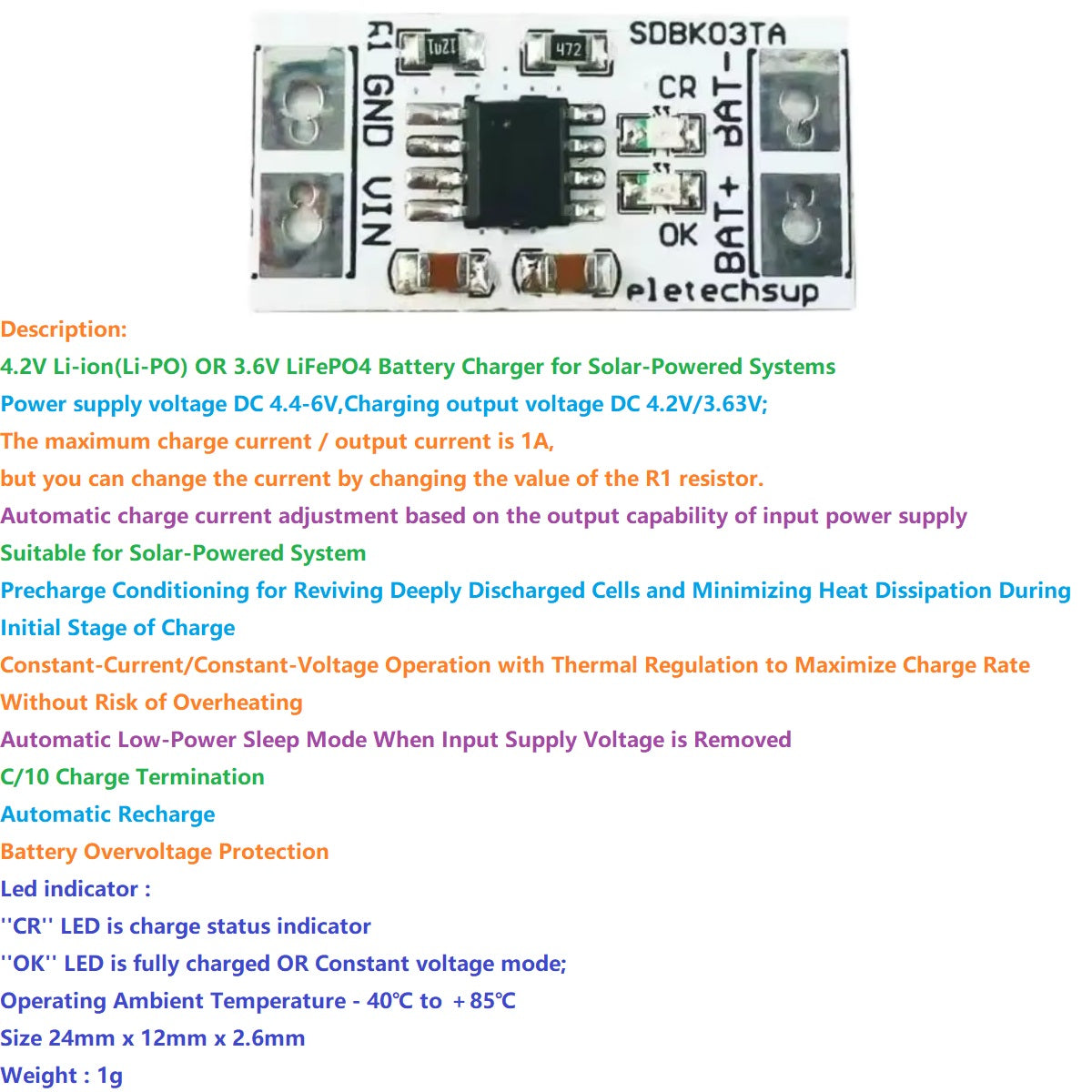 MPPT Solar Charger 4.2V/3.7V/3.6V/3.2V LiFePO4 5V 1A SDBK03TA