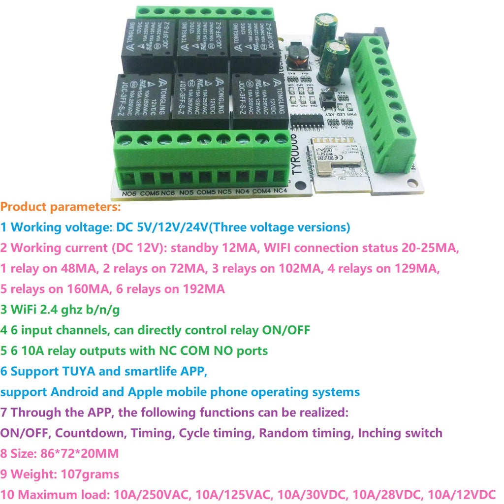 6CH WiFi Smart Relay Module DC 5V/12V/24V 6DI 6DO TYROD06