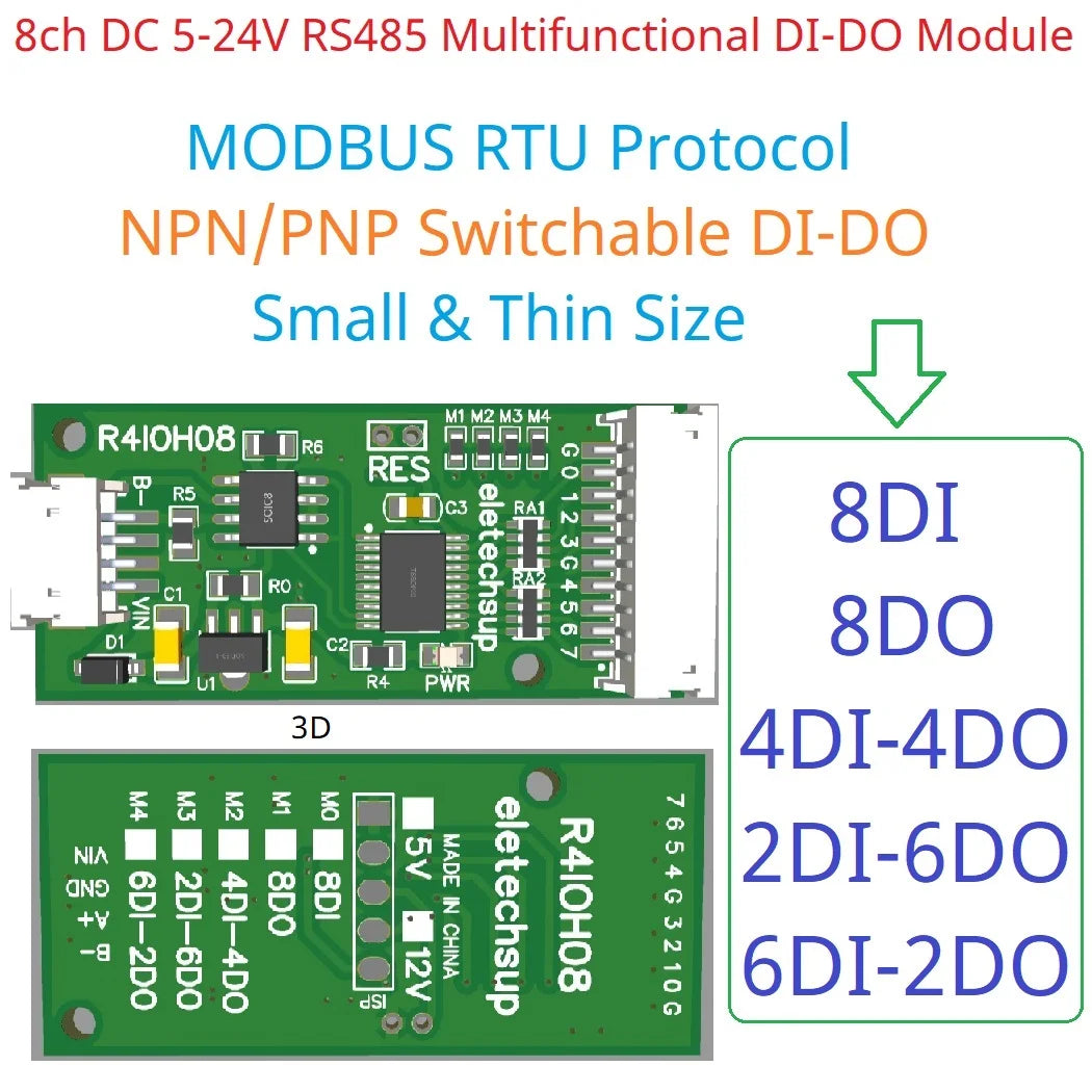 R4IOH08 Mini 8CH RS485 Modbus RTU DI-DO Module NPN PNP PLC