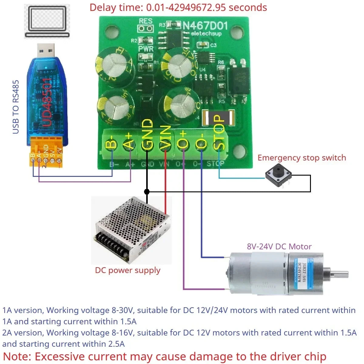 N467D01 RS485 Modbus RTU DC Motor Driver 8-30V Forward Reverse