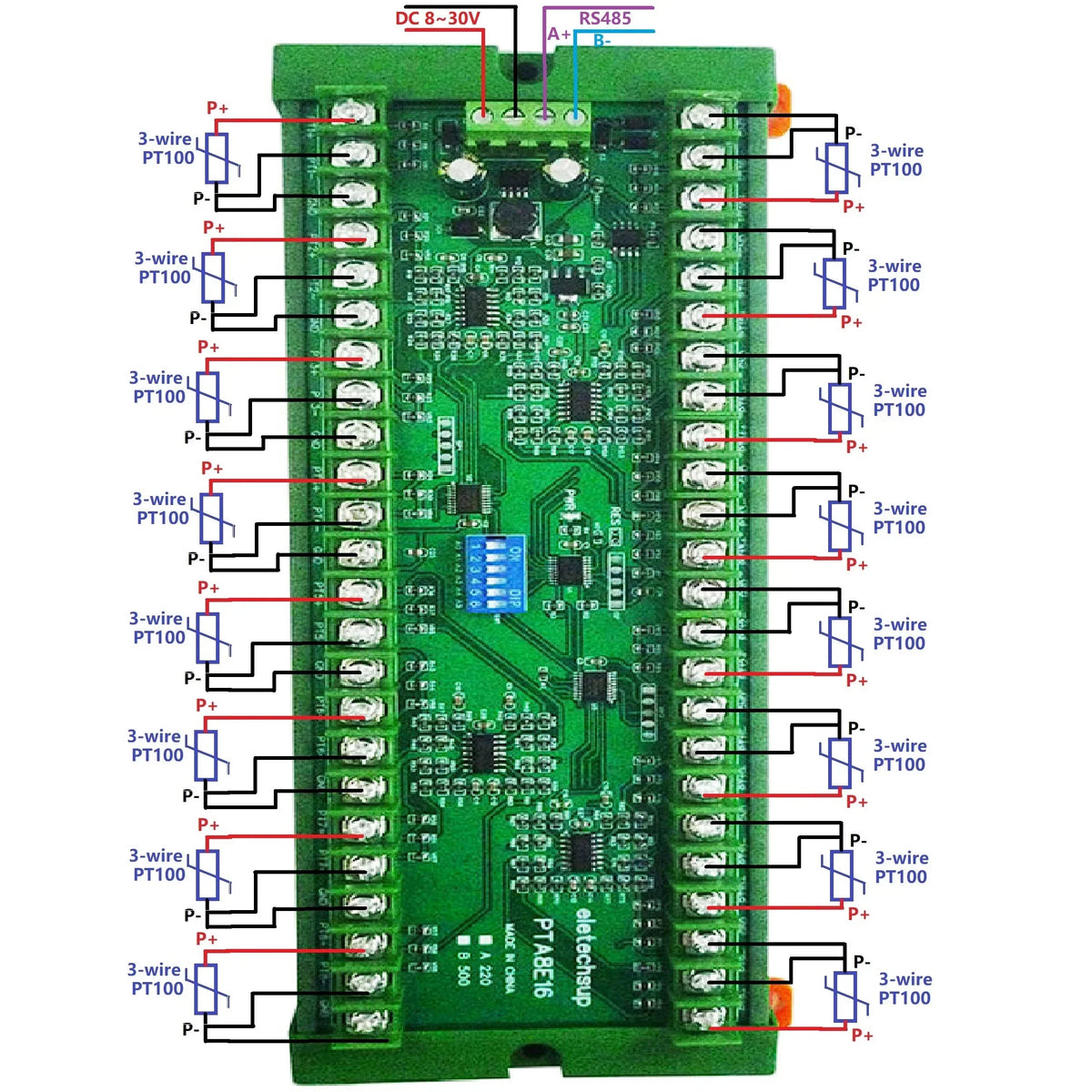 16CH PT100 RS485 Modbus RTU Temperature Module 12/24V PTA8E16
