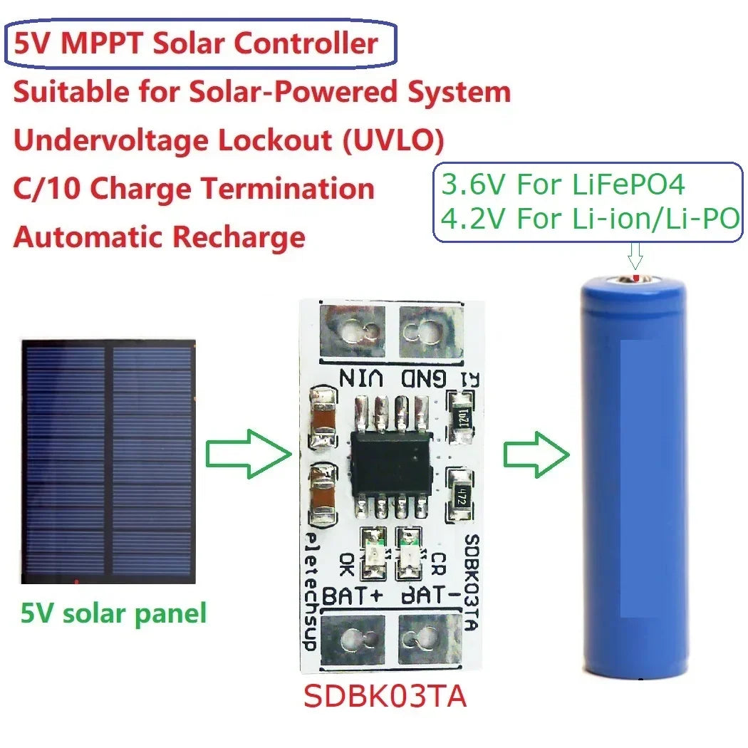 MPPT Solar Charger 4.2V/3.7V/3.6V/3.2V LiFePO4 5V 1A SDBK03TA