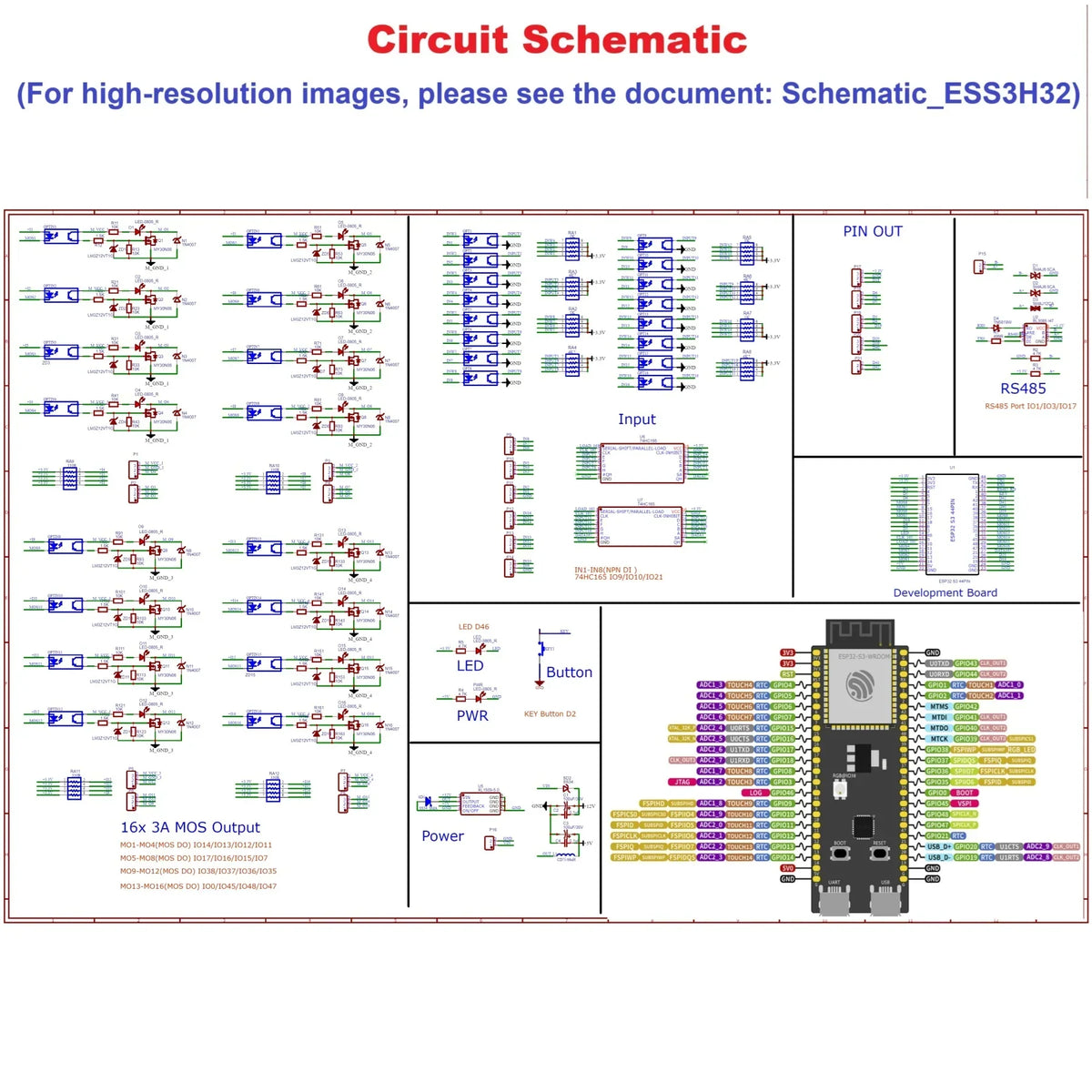 ESP32-S3 16CH NPN 16CH MOS RS485 PWM PLC I/O Board ESS3H32