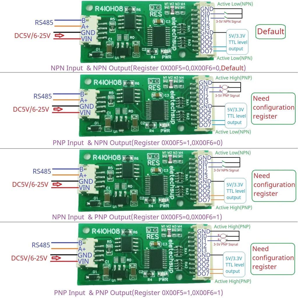 R4IOH08 Mini 8CH RS485 Modbus RTU DI-DO Module NPN PNP PLC