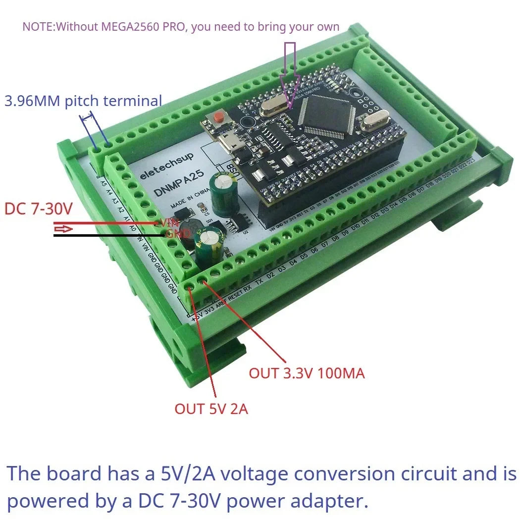 DIN Rail Terminal Block Adapter Arduino MEGA2560 7-30V 5V DNMPA25