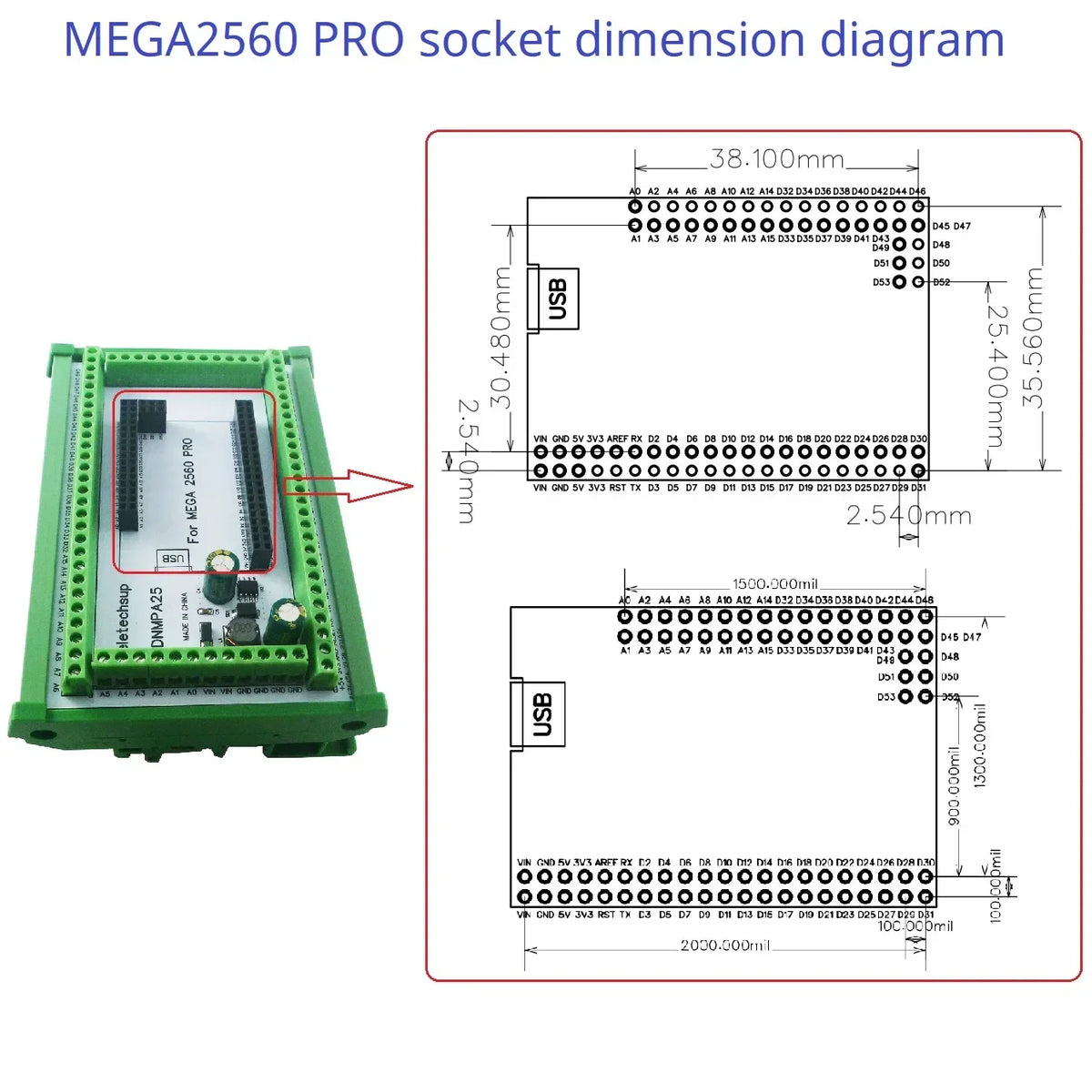 DIN Rail Terminal Block Adapter Arduino MEGA2560 7-30V 5V DNMPA25