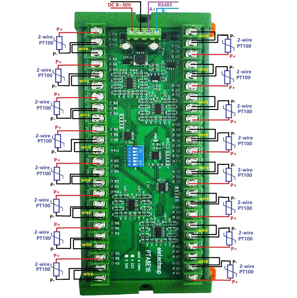 16CH PT100 RS485 Modbus RTU Temperature Module 12/24V PTA8E16