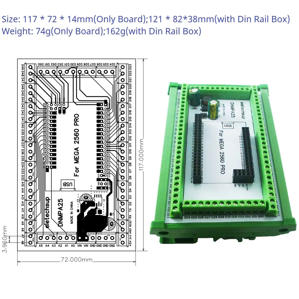 DIN Rail Terminal Block Adapter Arduino MEGA2560 7-30V 5V DNMPA25